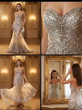 Tony Bowls  Swarovski Crystals & Sequin  Mermaid Gown in Champagne/silver Size 6